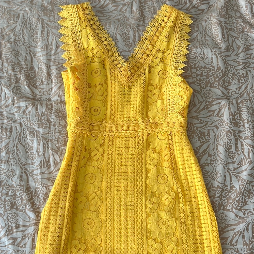 Mango Yellow V-Neck Lace Dress